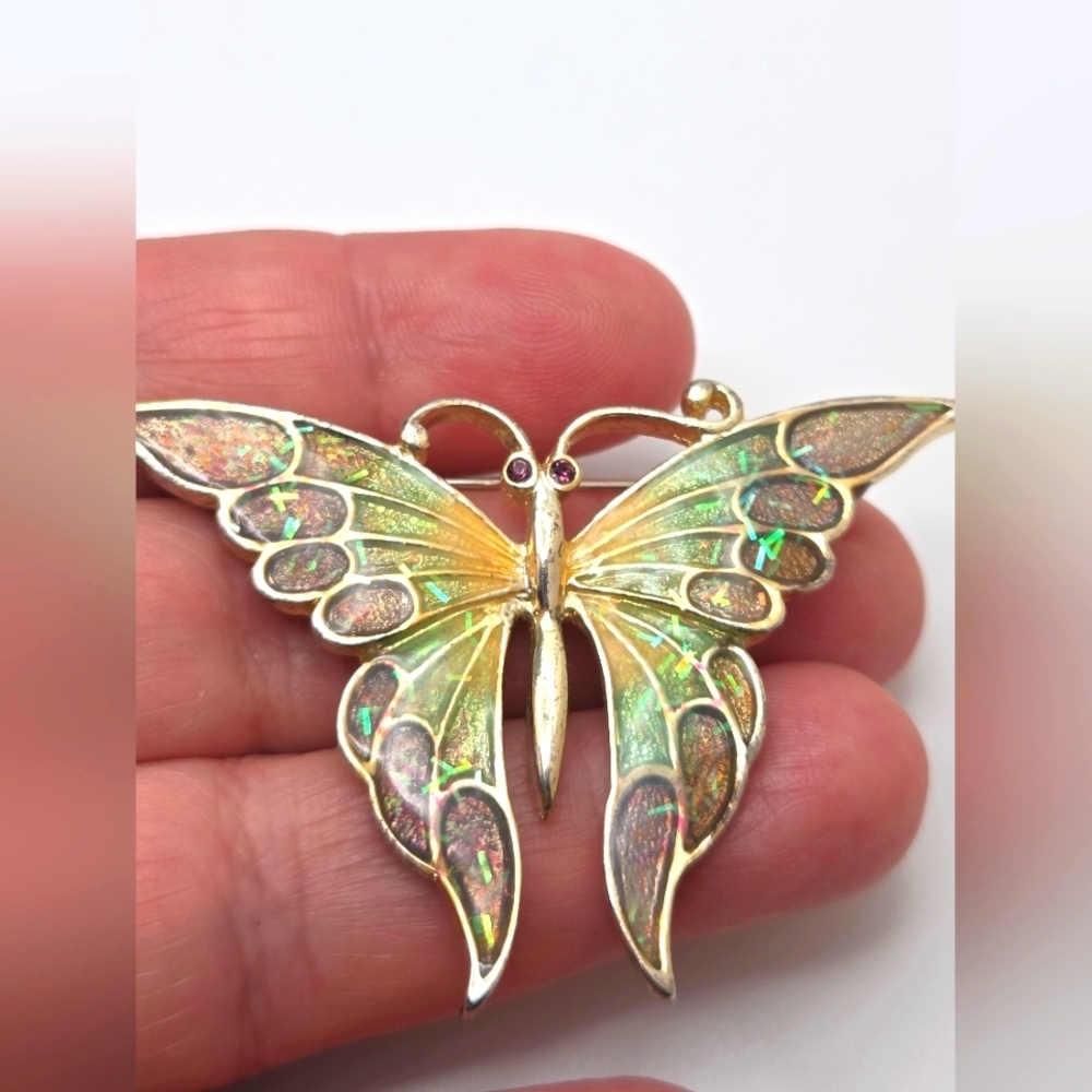Vintage Enamel Gold Tone Rainbow Art Nouveau Butterfly Brooch